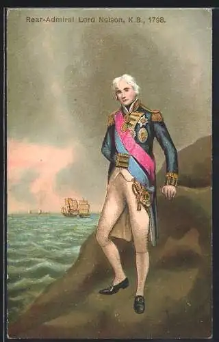 AK Vizeadmiral Viscount Nelson in Uniform mit Segelschiffen im Hintergrund