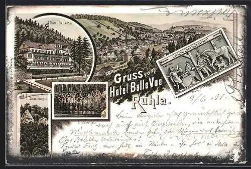 Lithographie Ruhla i. Th., Hotel Belle Vue, Dichterhain, Landgraf Ludwig werde hart