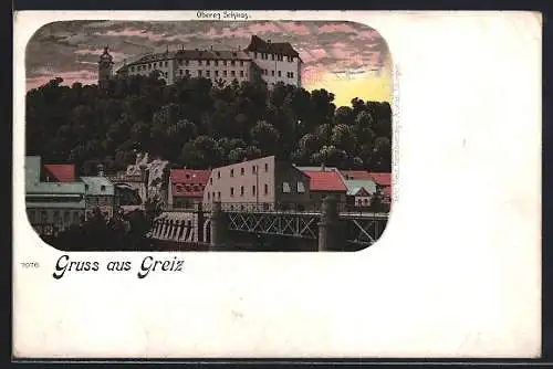 Lithographie Greiz, Oberes Schloss bei Sonnenaufgang