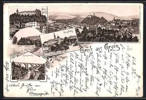 Lithographie Greiz, Elstertalbrücke, Unteres u. oberes Schloss, Gesamtansicht