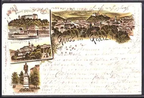 Lithographie Greiz, Oberes Schloss, Unteres Schloss mit Schule, Kaiser Wilhelmdenkmal