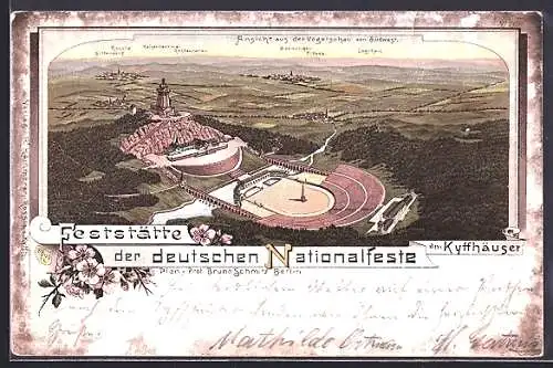 Lithographie Kyffhäuser, Feststätte der dt. Nationalfeste aus der Vogelschau. Kaiserdenkmal, Rossia