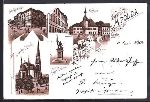 Lithographie Apolda, Kriegerdenkmal, Sophienschule und Rathaus