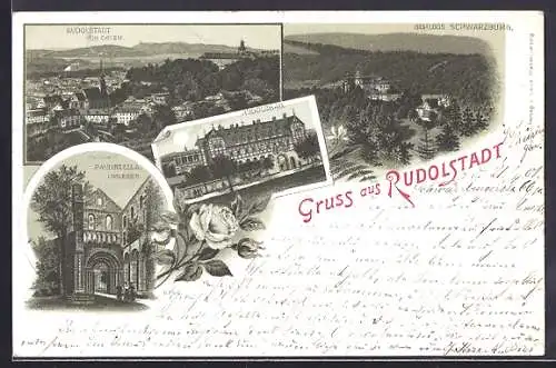 Mondschein-Lithographie Rudolstadt, Rudolsbad, Inneres Paulinzella, Ortsansicht von Osten