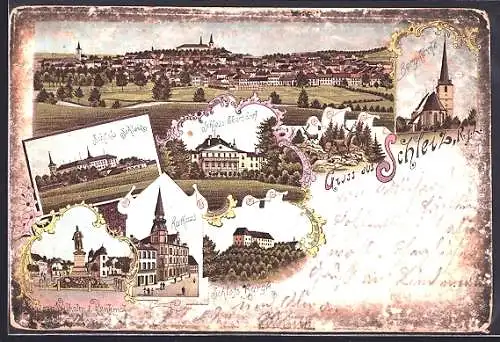 Lithographie Schleiz, Schloss Ebersdorf, Rathaus, Bergkirche