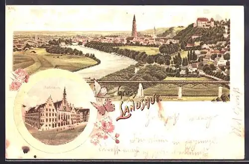Lithographie Landshut / Isar, Ortsansicht mit Kirche und Eisenbahnbrücke, Partie am Rathaus