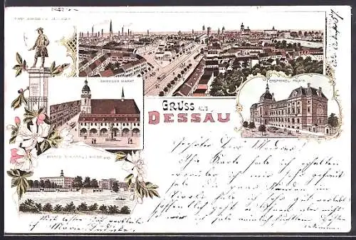 Lithographie Dessau, Erbprinzl. Palais, Grosser Markt, Fürst Leopold-Denkmal