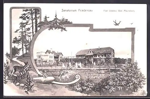 AK Grabow /Magdeburg, Sanatorium Friedensau, Gebäude-Panorama mit kleiner Versammlung, Reh