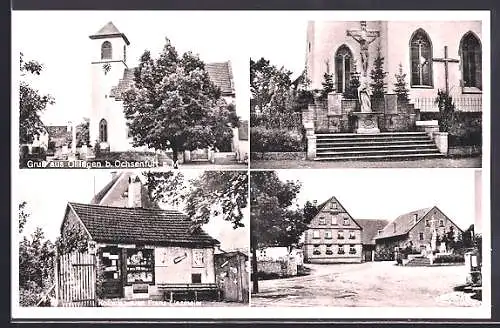 AK Öllingen / Ochsenfurt, Kolonialwarengeschäft Franz Linzmeier, Jesuskreuz, Kirche