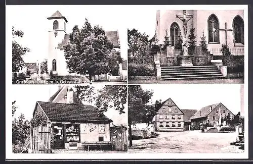 AK Öllingen / Ochsenfurt, Kolonialwarengeschäft Franz Linzmeier, Jesuskreuz, Kirche