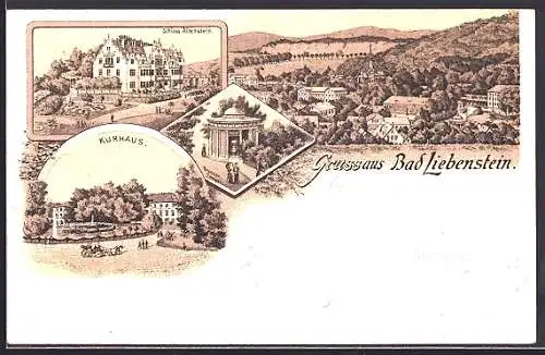 Lithographie Bad Liebenstein, Kurhaus, Brunnentempel, Schloss Altenstein, Ortsansicht