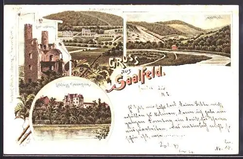 Lithographie Saalfeld / Saale, Schloss Kitzerstein, Bad Sommerstein, Sorbenburg