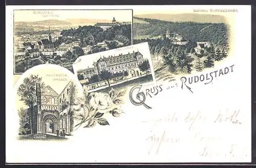 Lithographie Rudolstadt, Ansicht von osten, Rudolsbad, Inneres von Paulinzella