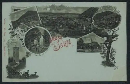 Mondschein-Lithographie Suhl i. Th., Soolbad Ottilienquelle, Bismarckturm, Marktplatz mit Domberg, Totalansicht