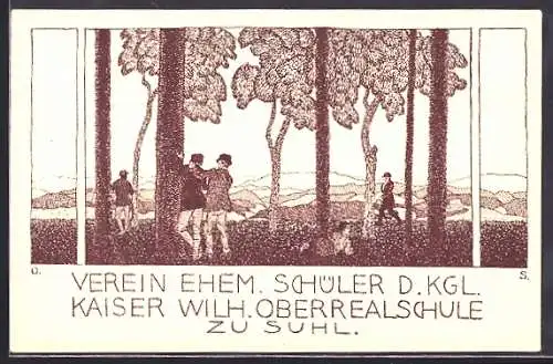 Lithographie Suhl, Verein ehem. Schüler der Kgl. Kaiser Wilh. Oberrealschule, Junge Herren zwischen Bäumen, Passant