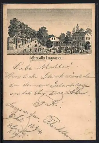 Lithographie Langewiesen, Restaurant Felsenkeller mit Besuchern
