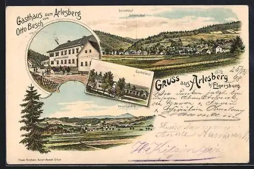 Lithographie Arlesberg / Geratal, Gasthaus zum Arlesberg, Bes. Otto Busch, Veronikaberg und Schneekopf