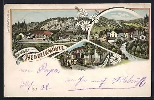 Lithographie Neudeckmühle, Eingang zum Gasthaus Neudeckmühle, Flusspartie