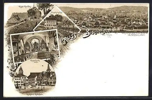 Lithographie Bischofsheim / Rhön, Holzschnitzschule, Kloster Kreuzberg, Klosterkirche und Marktplatz