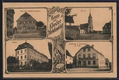 AK Heidenfeld, Kloster, Geschäft von K. Wolf, Kirche und Post