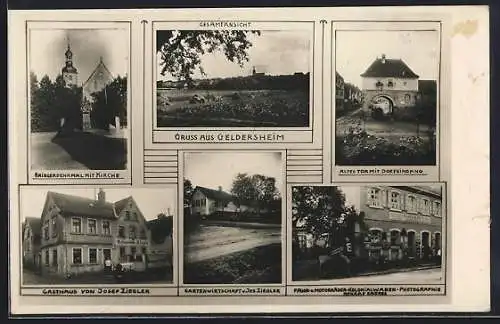 AK Geldersheim, Gasthaus von Josef Ziegler, geschäft von Konrad Endres, Altes Tor, Kirche