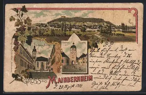 Lithographie Mainbernheim, Oberer Thurm, Rathaus & Kirche