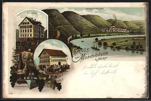 Lithographie Mundelsheim a. Neckar, Kelter, Schule und Totalansicht