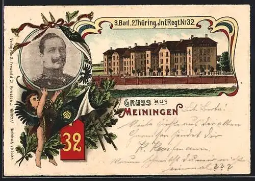 Lithographie Meiningen, Kaserne des 3. Batl. 2. Thüring. Inf.-Regts. Nr. 32, Kaiser Wilhelm II.