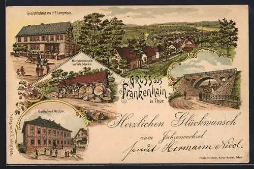 Lithographie Frankenhain in Thür., Gasthof F. Nüchter, Geschäftshaus H. E. Langenhan, Mühlsteinindustrie Gebr. Schwarz