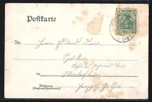 Lithographie Keula / Thüringen, Bahnhof, Kirche, Schule, Villa Reif