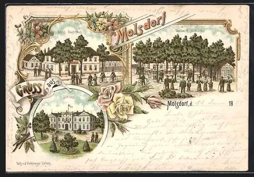 Lithographie Molsdorf, Gasthaus Ernst, Schloss und Garten-Restaurant