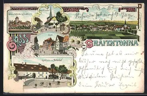 Künstler-AK Gräfentonna, Gasthaus zum Kellerhof, Kirche St. Peter-Pauli, Markt