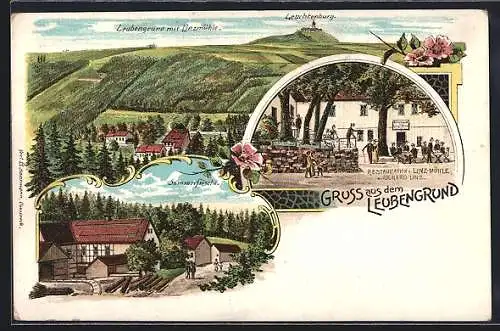 Lithographie Lindig, Restaurant zur Linzmühle v. Richard Linz im Leubengrund, die Mühle, Blick zur Leuchtenburg