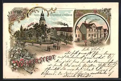Lithographie Wickerstedt, Materialwarenhandlung O. Rödiger, Kirche und Kriegerdenkmal