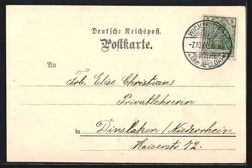 Lithographie Wickerstedt, Materialwarenhandlung O. Rödiger, Kirche und Kriegerdenkmal