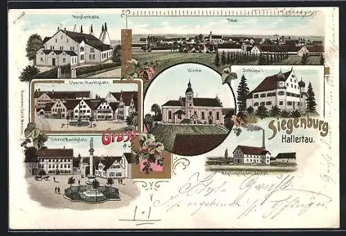 Lithographie Siegenburg / Hallertau, Hopfenhalle, Hopfenpräparier-Anstalt, Oberer Marktplatz