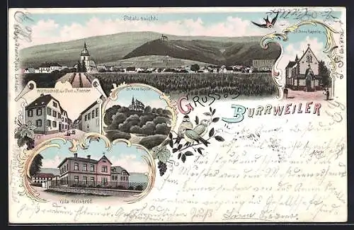 Lithographie Burrweiler, Wirthschaft zur Post, Villa Weisbrod