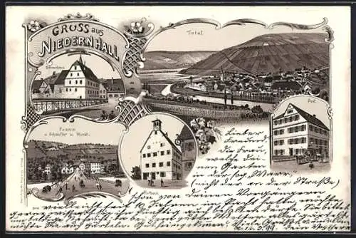 Lithographie Niedernhall, Götzenhaus, Fabrik v. Schaufler und Wundl, Rathaus, Post, Totale