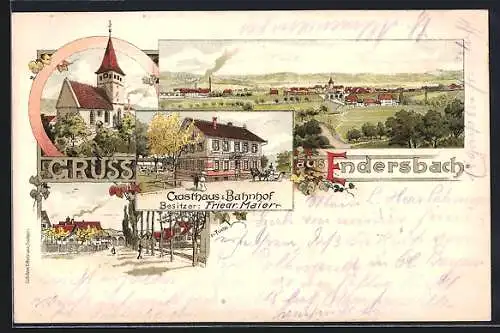 Lithographie Endersbach, Gasthaus zum Bahnhof, Kirche, Strassenansicht mit Passanten