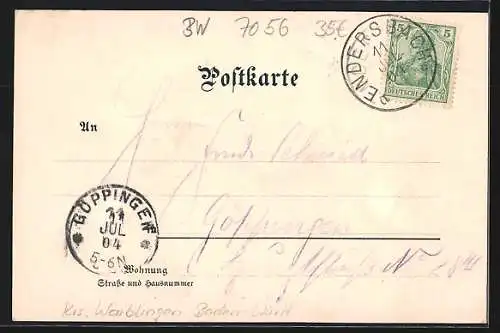 Lithographie Endersbach, Gasthaus zum Bahnhof, Kirche, Strassenansicht mit Passanten