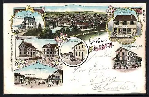 Lithographie Massbach, Brauerei und Gasthaus Joh. Vonhausen, Gasthaus zur Krone, Geschäftshaus Georg Niedermeyer, Schule