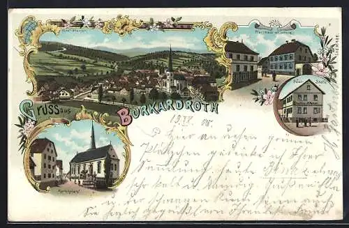 Lithographie Burkardroth, Pfarrhaus mit Schule, Post-Stelle, Marktplatz, Totalansicht