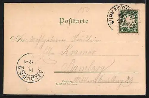 Lithographie Burkardroth, Pfarrhaus mit Schule, Post-Stelle, Marktplatz, Totalansicht