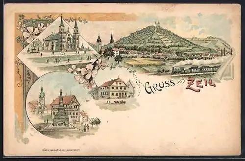Lithographie Zeil, Gasthaus, Kirche, Denkmal