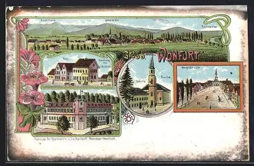 Lithographie Wonfurt a. Main, Handlung H. Krämer und Post, Schloss der Freiherrn v. Seckendorf-Aberdar-Wonfurt, Kirche
