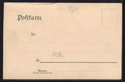Lithographie Wonfurt a. Main, Handlung H. Krämer und Post, Schloss der Freiherrn v. Seckendorf-Aberdar-Wonfurt, Kirche