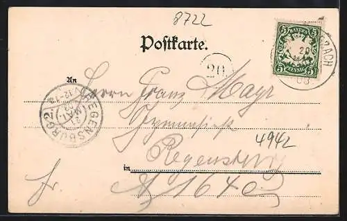 Lithographie Oberschwarzach / Unterfranken, Hauptstrasse, Brauerei Ackermann, Kaufhaus Mich. Rambour, Gasthaus v. Stahl