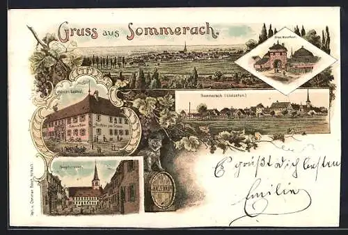 Lithographie Sommerach, Weirich`s gasthof, Altes Mainthor, Hauptstrasse, Ortsansicht