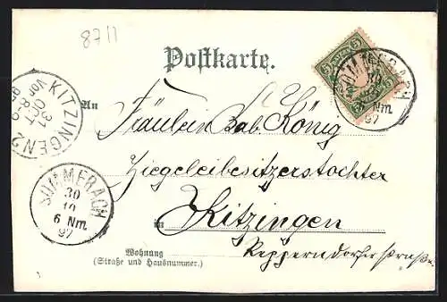 Lithographie Sommerach, Weirich`s gasthof, Altes Mainthor, Hauptstrasse, Ortsansicht
