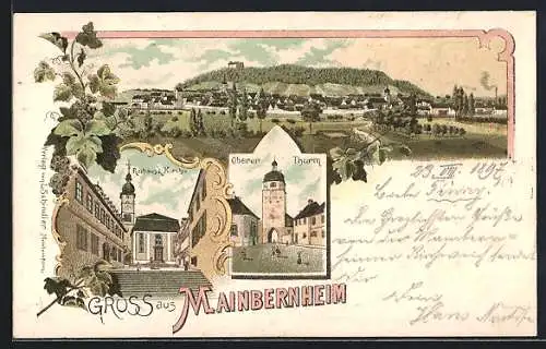 Lithographie Mainbernheim, Oberer Thurm, Rathaus & Kirche